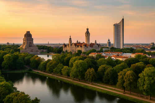Leipzig Skyline bei Sonnenuntergang