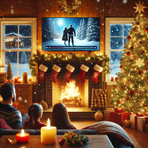 Ein festlich dekorierter Weihnachtsbaum und ein Fernseher mit Weihnachtsfilm